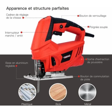 TEENO Scies Sauteuses,Professional 600W Scie Sauteuse électrique, Hauteur De Course 22mm, 3000SPM, Angle Max 45°, 6 Vitesses, Avec 6 Accessoires - Rouge 2 TEENO Scies Sauteuses,Professional 600W Scie Sauteuse électrique, Hauteur De Course 22mm, 3000SPM, Angle Max 45°, 6 Vitesses, Avec 6 Accessoires - Rouge – Image 2