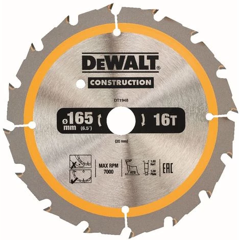 DeWALT Lame De Scie Circulaire, Pour Scies Circulaires Sans Fil, 165/20 Mm, 16 Dents - DT1948-QZ 1 DeWALT Lame De Scie Circulaire, Pour Scies Circulaires Sans Fil, 165/20 Mm, 16 Dents - DT1948-QZ
