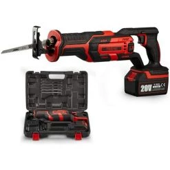 Scie Sabre Sans Fil TEENO,20V Scie Sabre à Batterie, Scie Egoîne Electrique Sans Fil, 5×Lames De Scie, Avec 3Ah Batteries,Boite En Plastique - Rouge