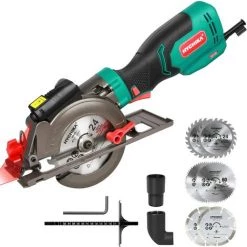 Scie Circulaire, HYCHIKA 750W 3500RPM Mini Scie Circulaire Avec Guide Laser Et Parallèle, 6 Lames, Profondeur De Coupe 0-48 Mm, Convient Pour Couper Du Bois, Plastique, Métal Mou