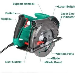 Scie Circulaire HYCHIKA 1500W, 4700PRM, 2 Lames De Scie Ø 190mm (40T&24T), Profondeur De Coupe Max.:65mm(90°), 45mm(45°), Moteur En Cuivre Pur, 3m Cordon D'alimentation -Scie électrique portative Soldes 31787756 3