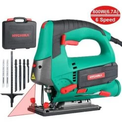 Scie Sauteuse Laser 800W HYCHIKA, Max. Profondeur De Coupe: 110mm, 800-3000SPM, 6 Vitesses Réglables, 4 Modes De Coupe, Angle D'inclinaison ±45 °, 6 Lames De Scie Avec Boîte De Rangement Pour Lame De Scie