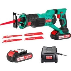 Scie électrique portative Soldes 3 Scie Sabre à Batterie, HYCHIKA 18V Scie Egoîne Electrique Sans Fil, Vitesses Réglables 0-2800RPM, 4×Lames De Scie, Avec 2Ah, 2×Batteries, 1h Chargeur Rapide, Idéal Pour La Coupe Du Bois Et Du Métal