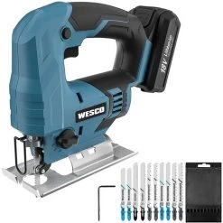 WESCO TOOL 18V Scie Sauteuse Sans Fil, Angle D'inclinaison ±45 °, 0~2400SPM, Hauteur De Course 19mm WESCO WS2337