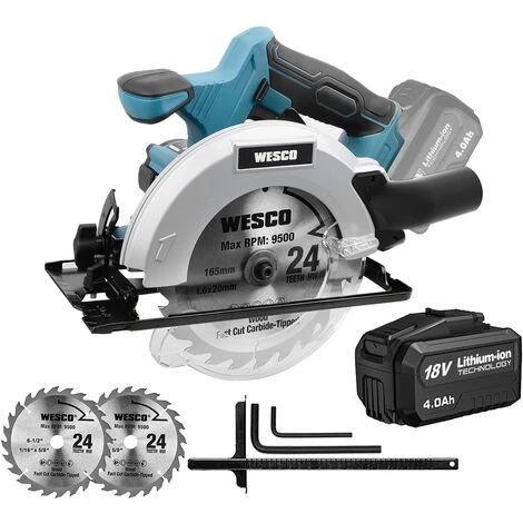 WESCO TOOL Scie Circulaire 18V 4.0Ah Li-ion Batterie Ø 165mm, Batterie Et Chargeur Inclus - WESCO WS2316.1 1 WESCO TOOL Scie Circulaire 18V 4.0Ah Li-ion Batterie Ø 165mm, Batterie Et Chargeur Inclus - WESCO WS2316.1