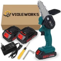 SWAGX Scie à Chaine Tronconneuse 4 Pouces Guide Portable électrique Sans Fil Avec 2 Batterie 88V 2500mah