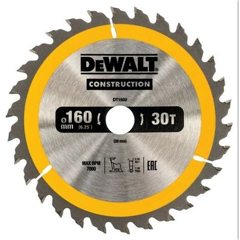DEWALT DT1932-QZ - Cie Circulaire Portative Pourla Con Truction 160x20mm 30D ATB10 ° 1 DEWALT DT1932-QZ - Cie Circulaire Portative Pourla Con Truction 160x20mm 30D ATB10 °