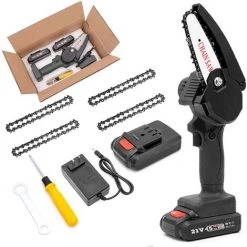 GISAM Scie à Chaîne électroportative 21V 2 Batterie Portable Scie Électrique Jardin Logging 4PCS Chaîne Supplémentaire