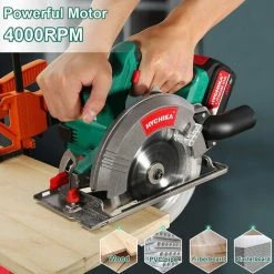 Scie Circulaire Sans Fil, HYCHIKA 18V 4.0Ah Li-ion Batterie, 4000RPM,2PCs Lames 165mm, Profondeur De Coupe 53 Mm (90º), 36 Mm (45º) -Scie électrique portative Soldes 37944776 5