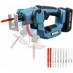 WESCOTOOLS WESCO 18V Scie Sauteuse Sans Fil, 2 En 1 Scie Sabre, Batterie Li-ion 2.0Ah
