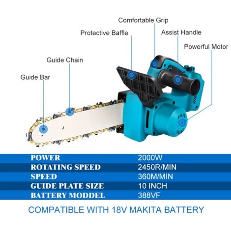 Scie à Chaîne Tronçonneuse électrique Sans Fil - 10 Pouces - Bleu - Moteur Sans Balai - Pour Le Jardinage Et Le Travail Du Bois Coupeur De Bois - Pour Makita 18V - ONEVAN 2 Scie à Chaîne Tronçonneuse électrique Sans Fil - 10 Pouces - Bleu - Moteur Sans Balai - Pour Le Jardinage Et Le Travail Du Bois Coupeur De Bois - Pour Makita 18V - ONEVAN – Image 2