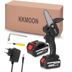 Scie à Chaîne électroportative KKmoon 21V 4 Pouces Scie à élaguer électrique Portable 388VF Petit Moteur De Brosse De Tronçonneuse à Fendre Le Bois Outil De Travail Du Bois à Une Main Pour Jardin Verger, Prise EU 2 Grosses Batteries - Prise EU 2 Grosses B