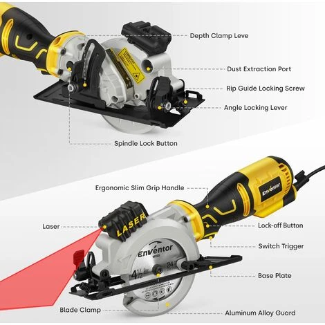 Scie Circulaire ENVENTOR 705W, 3500 RPM, 6 Lames 115mm (24T&60T), Guide Laser, Profondeur De Coupe Max 42,8mm (90°), 20mm (45°), Moteur En Cuivre Pur Pour Couper Le Bois, Le Métal Et Le Plastique 2 Scie Circulaire ENVENTOR 705W, 3500 RPM, 6 Lames 115mm (24T&60T), Guide Laser, Profondeur De Coupe Max 42,8mm (90°), 20mm (45°), Moteur En Cuivre Pur Pour Couper Le Bois, Le Métal Et Le Plastique – Image 2