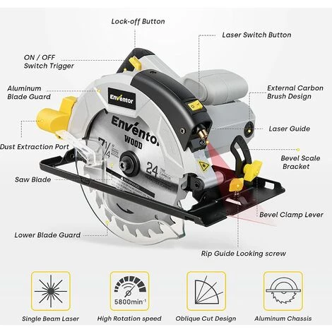 Scie Circulaire ENVENTOR 1200W, Moteur En Cuivre Pur, 5800 RPM, 2 Lames De Scie ? 185mm (40T&24T), Guide Laser, Profondeur De Coupe Max 62mm (90¡ã), 42mm(45¡ã), Coupe Du Bois, Du M¨¦tal Et Du Plastique 2 Scie Circulaire ENVENTOR 1200W, Moteur En Cuivre Pur, 5800 RPM, 2 Lames De Scie ? 185mm (40T&24T), Guide Laser, Profondeur De Coupe Max 62mm (90¡ã), 42mm(45¡ã), Coupe Du Bois, Du M¨¦tal Et Du Plastique – Image 2