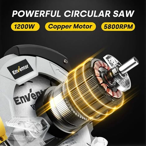 Scie Circulaire ENVENTOR 1200W, Moteur En Cuivre Pur, 5800 RPM, 2 Lames De Scie ? 185mm (40T&24T), Guide Laser, Profondeur De Coupe Max 62mm (90¡ã), 42mm(45¡ã), Coupe Du Bois, Du M¨¦tal Et Du Plastique 3 Scie Circulaire ENVENTOR 1200W, Moteur En Cuivre Pur, 5800 RPM, 2 Lames De Scie ? 185mm (40T&24T), Guide Laser, Profondeur De Coupe Max 62mm (90¡ã), 42mm(45¡ã), Coupe Du Bois, Du M¨¦tal Et Du Plastique – Image 3