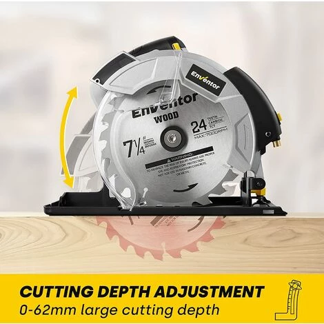 Scie Circulaire ENVENTOR 1200W, Moteur En Cuivre Pur, 5800 RPM, 2 Lames De Scie ? 185mm (40T&24T), Guide Laser, Profondeur De Coupe Max 62mm (90¡ã), 42mm(45¡ã), Coupe Du Bois, Du M¨¦tal Et Du Plastique 5 Scie Circulaire ENVENTOR 1200W, Moteur En Cuivre Pur, 5800 RPM, 2 Lames De Scie ? 185mm (40T&24T), Guide Laser, Profondeur De Coupe Max 62mm (90¡ã), 42mm(45¡ã), Coupe Du Bois, Du M¨¦tal Et Du Plastique – Image 5