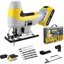 Scie Sauteuse Sans Fil, ENVENTOR Brushless 20V 2.0Ah Scie Sauteuse, 6 Lames, 3000RPM, 6 Vitesse Et 4 Orbites Réglables, Lampe LED, 25.4mm Longueur De Course, ± 45° Angle De Coupe, Boîte De Transport