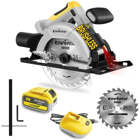 Scie Circulaire Sans Fil, ENVENTOR Brushless 20V 4.0Ah Li-ion Batterie Scie Circulaire, 4800RPM, Guide Laser, Chargeur Rapide, Profondeur De Coupe 57 Mm (90 °), 43 Mm (45°), Lame Ø165mm Pour Bois 1 Scie Circulaire Sans Fil, ENVENTOR Brushless 20V 4.0Ah Li-ion Batterie Scie Circulaire, 4800RPM, Guide Laser, Chargeur Rapide, Profondeur De Coupe 57 Mm (90 °), 43 Mm (45°), Lame Ø165mm Pour Bois