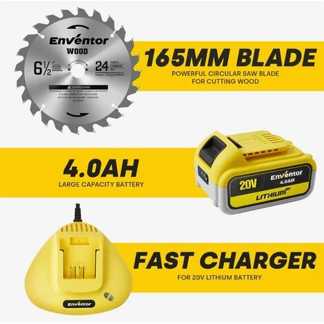 Scie Circulaire Sans Fil, ENVENTOR Brushless 20V 4.0Ah Li-ion Batterie Scie Circulaire, 4800RPM, Guide Laser, Chargeur Rapide, Profondeur De Coupe 57 Mm (90 °), 43 Mm (45°), Lame Ø165mm Pour Bois 3 Scie Circulaire Sans Fil, ENVENTOR Brushless 20V 4.0Ah Li-ion Batterie Scie Circulaire, 4800RPM, Guide Laser, Chargeur Rapide, Profondeur De Coupe 57 Mm (90 °), 43 Mm (45°), Lame Ø165mm Pour Bois – Image 3