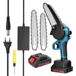 SUPERSELLER Scie à Chaîne électroportative 21V 4 Pouces + 6 Pouces + 8 Pouces Scies D'élagage électriques Portables Petit Bois Fendeur Tronçonneuse Brosse Moteur Outil De Travail Du Bois Pour Jardin Verger, Prise UE - Prise UE