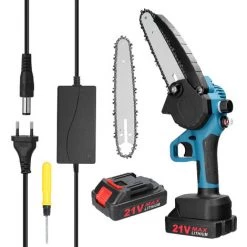 SUPERSELLER Scie à Chaîne électroportative 21V 4 Pouces + 6 Pouces Scies D'élagage électriques Portables Petit Bois Fendeur Tronçonneuse Brosse Moteur Outil De Travail Du Bois Pour Jardin Verger, Prise UE - Prise UE