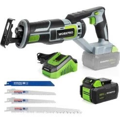 WORKPRO Scie Sabre Sans Fil 20V, Scie Sabre à Batterie 4,0Ah, Scie Alternative Sans Fil Avec 4 Lames De Scie, Idéal Pour Couper Bois, Métal Et PVC, Batterie Et Chargeur Inclus