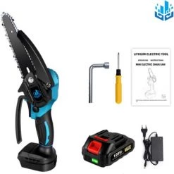 Scie électroportative 1200W Onevan Mini Tronçonneuse - Bleu - 6 Pouces Sans Fil Pour Makita - Avec 1 Batterie 128vf - Vitesse Réglable Pour La Coupe Du Bois