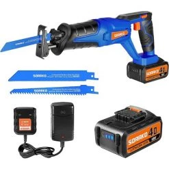 Scie Sabre Sans Fil 18V, SORAKO 4,0Ah Batterie,Vitesses 0-3000SPM, Changement De Lame Sans Outil