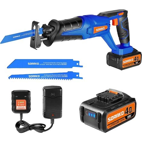 Scie Sabre Sans Fil 18V, SORAKO 4,0Ah Batterie,Vitesses 0-3000SPM, Changement De Lame Sans Outil 1 Scie Sabre Sans Fil 18V, SORAKO 4,0Ah Batterie,Vitesses 0-3000SPM, Changement De Lame Sans Outil