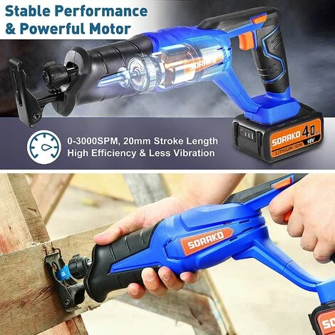 Scie Sabre Sans Fil 18V, SORAKO 4,0Ah Batterie,Vitesses 0-3000SPM, Changement De Lame Sans Outil 3 Scie Sabre Sans Fil 18V, SORAKO 4,0Ah Batterie,Vitesses 0-3000SPM, Changement De Lame Sans Outil – Image 3