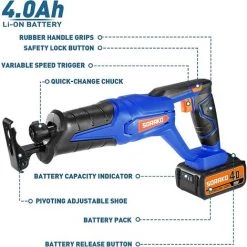 Scie Sabre Sans Fil 18V, SORAKO 4,0Ah Batterie,Vitesses 0-3000SPM, Changement De Lame Sans Outil 9 Scie Sabre Sans Fil 18V, SORAKO 4,0Ah Batterie,Vitesses 0-3000SPM, Changement De Lame Sans Outil -Scie électrique portative Soldes 53432696 5