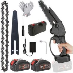 SUPERSELLER Scie à Chaîne électroportative Mini Tronçonneuse 15, 2 Cm Petite Tronçonneuse électrique Sans Fil Avec Batterie 2 X 3000 MAh Tronçonneuse Portable 36 V Rechargeable Avec Emballage En Boîte En Plastique, Noir