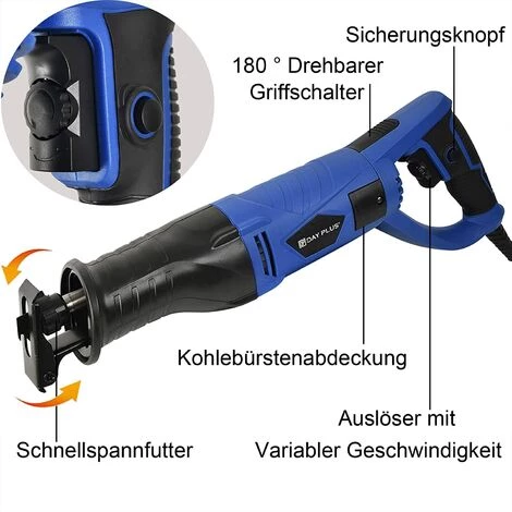 DAY PLUS Scie Sabre Avec Poignée Rotative à 180 °, Scie Alternative électrique Sétaire 750 W à 4 Lames, Scie électrique 2700 Tr/min Profondeur De Coupe Maximale 115 Mm Jeu De Scies à Main Pour Bois, Métal, Aluminium 2 DAY PLUS Scie Sabre Avec Poignée Rotative à 180 °, Scie Alternative électrique Sétaire 750 W à 4 Lames, Scie électrique 2700 Tr/min Profondeur De Coupe Maximale 115 Mm Jeu De Scies à Main Pour Bois, Métal, Aluminium – Image 2