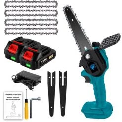 Tronçonneuse à Batterie | Scie à Chaîne électroportative 1200W ONEVAN - Bleu - 6 Pouces Sans Fil Pour Makita - Vitesse Réglable Pour La Coupe Du Bois - Avec 2 Batteries 128vf, 4 Chaînes Et 2 Guides