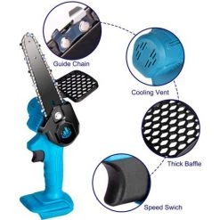 Tronçonneuse à Batterie | Scie à Chaîne électroportative 1200W Mini Tronçonneuse ONEVAN - Bleu - 6 Pouces Sans Fil Pour Makita - Vitesse Réglable Pour La Coupe Du Bois - Avec 2 Batteries 128vf -Scie électrique portative Soldes 57103793 2