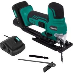 VONROC Scie Sauteuse VPower 20V – Poignée Canon Ergonomique – Vitesse Et Angle Ajustable – 2 Lames De Scie –Batterie 2.0Ah Et Chargeur Inclus