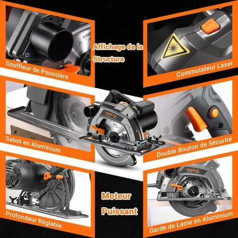 TODOT Scie Circulaire Électrique 1500 W, 2 Lames 24T Et 40T, 5000 RPM, Coupe 63 Mm 90º Et 45mm 45º, Avec Laser - PES03A 2 TODOT Scie Circulaire Électrique 1500 W, 2 Lames 24T Et 40T, 5000 RPM, Coupe 63 Mm 90º Et 45mm 45º, Avec Laser - PES03A – Image 2