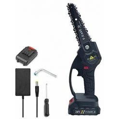 DECKON Mini Scie à Chaîne électrique 24V 12.7CM, Mini Tronçonneuse à Main électrique Avec 1 Batteries, 1 Charge