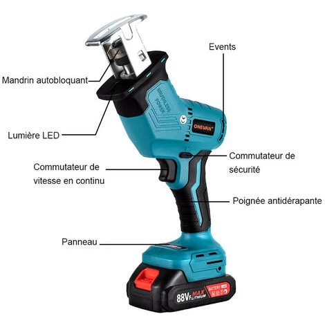 ONEVAN Scie Sabre,scie Alternative électrique Sans Fil, 3600W, 12000SPM, Sans Brosse, Vitesse Variable, Outil De Coupe Du Métal Et Du Bois, Pour Batterie Makita 18V - Avec 2 Batterie 2 ONEVAN Scie Sabre,scie Alternative électrique Sans Fil, 3600W, 12000SPM, Sans Brosse, Vitesse Variable, Outil De Coupe Du Métal Et Du Bois, Pour Batterie Makita 18V - Avec 2 Batterie – Image 2