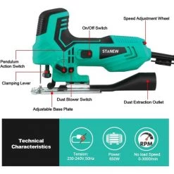 Scie Sauteuse Filaire 650W Avec 5 Lames,STANEW 6 Vitesses Réglables, 4 Modes De Coupe,Coupe Biaises± 45°,Changement De Lame Sans Outils - Vert 8 Scie Sauteuse Filaire 650W Avec 5 Lames,STANEW 6 Vitesses Réglables, 4 Modes De Coupe,Coupe Biaises± 45°,Changement De Lame Sans Outils - Vert -Scie électrique portative Soldes 64352834 4