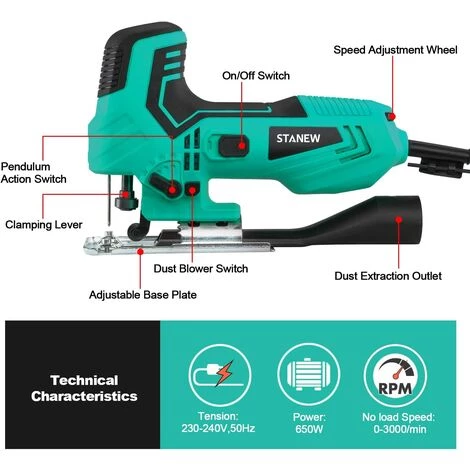 Scie Sauteuse Filaire 650W Avec 5 Lames,STANEW 6 Vitesses Réglables, 4 Modes De Coupe,Coupe Biaises± 45°,Changement De Lame Sans Outils - Vert 4 Scie Sauteuse Filaire 650W Avec 5 Lames,STANEW 6 Vitesses Réglables, 4 Modes De Coupe,Coupe Biaises± 45°,Changement De Lame Sans Outils - Vert – Image 4