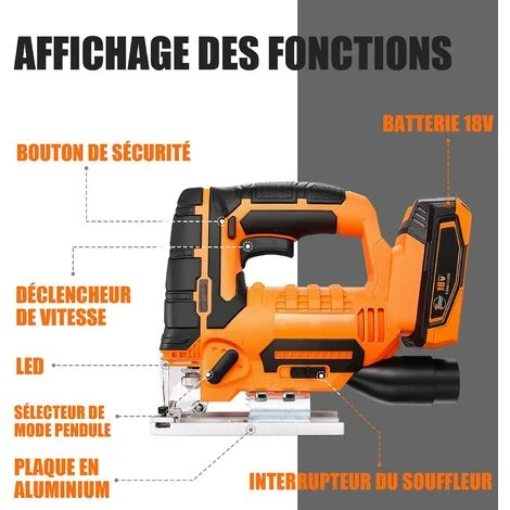 PEDY Scie Sauteuse 18V, Scie Sauteuse Sans Fil, 0~2700 SPM, 0-45° Coupe En Biseau, Plastique, Métal, Avec Chargeur 2 PEDY Scie Sauteuse 18V, Scie Sauteuse Sans Fil, 0~2700 SPM, 0-45° Coupe En Biseau, Plastique, Métal, Avec Chargeur – Image 2