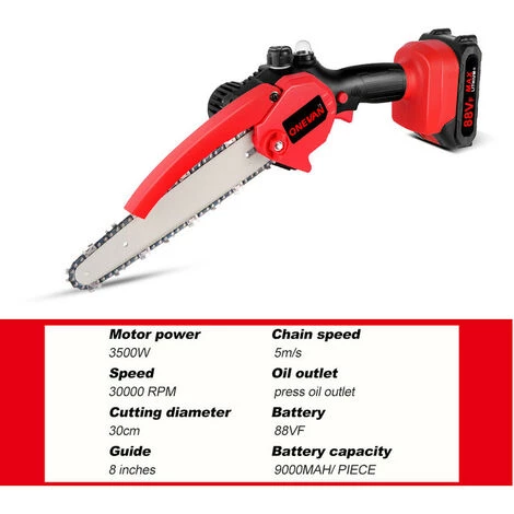 ONEVAN Scie à Chaîne électrique 3500W, 8 Pouces, Avec Huileur, Outil De Jardinage Pour Le Bois, Batterie 18V Rechargeable 2 ONEVAN Scie à Chaîne électrique 3500W, 8 Pouces, Avec Huileur, Outil De Jardinage Pour Le Bois, Batterie 18V Rechargeable – Image 2